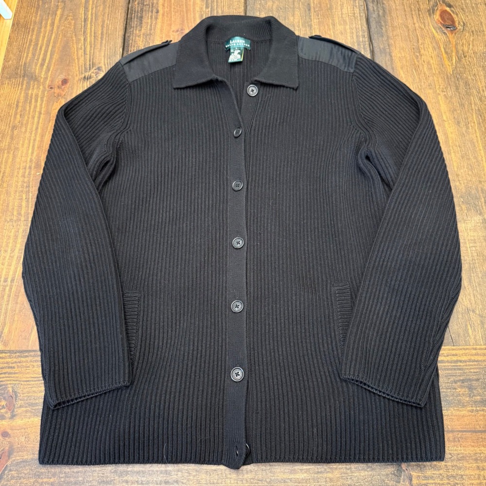 Lauren Ralph Lauren Black Ribbed Cotton Cardigan Military Epaulet Sweater L